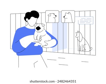 Elegir una mascota aislada Ilustraciones vectoriales de dibujos animados. Hombre yendo al refugio animal a elegir perro, activismo urbano, actitud responsable, actividad social, voluntariado idea Vector caricatura.