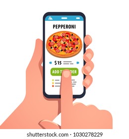 Choosing pizza on mobile smart phone app. Tapping on the screen making pizza delivery order in convenient application. Smartphone fast food online ordering. Flat style isolated vector illustration.