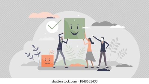 Choosing Positive Smiling Colleague Over Sad And Negative Tiny Person Concept. Chose Happy Attitude For Office People Vector Illustration. Symbolic Smileys With Good And Bad Facial Mood Expression.