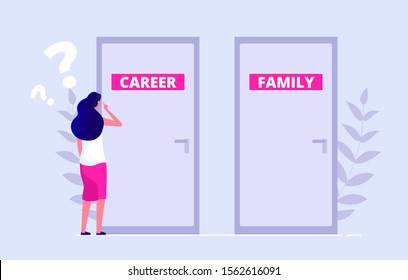 Choosing problem. Female chooses between career and family. Work family balance, gender inequality vector illustration. Flat woman stands in front of closed door