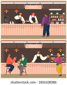 Choosing products in shop, cafe or cafeteria. Bakery shop with fresh baked products. Man customer buying latte coffee. Coffee shop. Bartender talking with client woman. Flat illustration. Public place