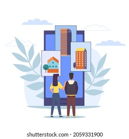 Choosing property. Mobile application for searching real estate. Cottage and apartment in multi-storied residential building. Buying or renting house. Family buying home. Vector concept