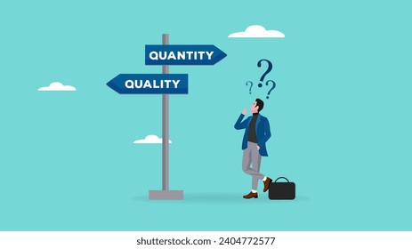 choosing quality or quantity concept illustration. businessmen who are confused about choosing quality or quantity direction boards. management to assure excellent work concept illustration flt style