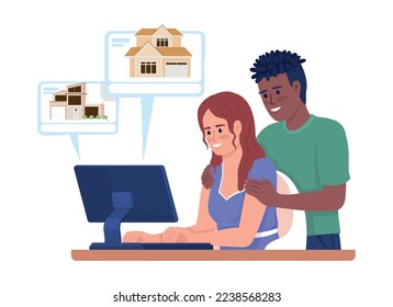 Elección de la ilustración aislada del vector 2D del sector inmobiliario en línea. Comprando propiedad. La pareja joven selecciona los personajes planos en el fondo de las caricaturas. Colorida escena editable para móvil, sitio web, presentación