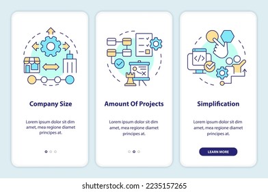 Elegir herramientas de administración de versiones a bordo de la pantalla de aplicaciones móviles. Recorrido 3 pasos instrucciones gráficas editables con conceptos lineales. UI, UX, plantilla GUI. Multitud de tipos de letra Pro-Bold, con uso regular