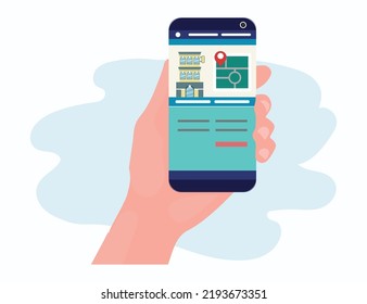 Choosing and Reserving Hotel Online, Room Booking, Navigation Service or Mobile Application Flat Vector Concept with Store or Shop Building Location on Smartphone Screen in Mens Hands Illustration.