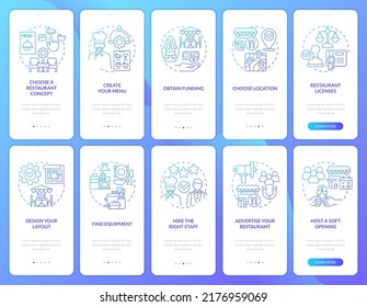 Choosing restaurant ideas blue gradient onboarding mobile app screen set. Walkthrough 5 steps graphic instructions with linear concepts. UI, UX, GUI template. Myriad Pro-Bold, Regular fonts used