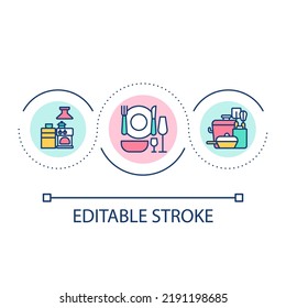 Choosing restaurant supplies and appliances loop concept icon. Purchasing essential equipment abstract idea thin line illustration. Isolated outline drawing. Editable stroke. Arial font used
