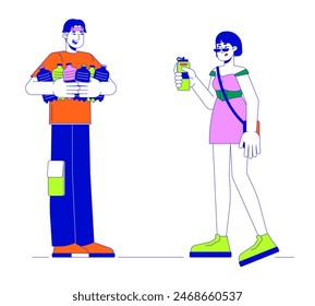 Choosing reusable water bottle line cartoon flat illustration. Korean friends sharing water 2D lineart characters isolated on white background. You need only one bottle scene vector color image