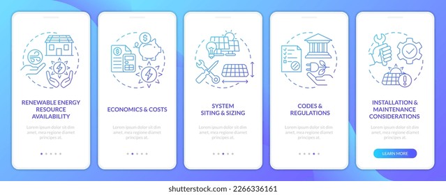 Elegir la pantalla de aplicación móvil del gradiente azul de alimentación alternativo derecho. Recorrido 5 pasos instrucciones gráficas con conceptos lineales. UI, UX, plantilla GUI. Multitud de tipos de letra Pro-Bold, con uso regular