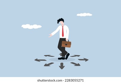 Eligiendo la dirección correcta del negocio, encontrando solución para resolver problemas, confusión, duda e incertidumbre concepto, Empresario parado entre muchas flechas con diferentes direcciones.