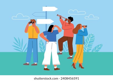 Choosing right direction concept. Search goal, young people group looks through binoculars and spyglasses, pointer, vector illustration.eps
