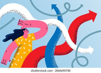 Choosing right direction and strategy concept. Young smiling woman cartoon character standing looking at colorful arrows going to various directions trying to choose one vector illustration 