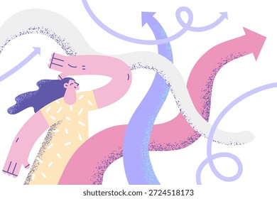 Auswahl der richtigen Richtung und des richtigen Strategiekonzepts. Junge lächelnde Frau Cartoon-Charakter stehen Blick auf bunte Pfeile gehen in verschiedene Richtungen versuchen, eine Vektorgrafik wählen