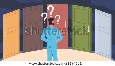 Choosing right door. Life choice concept, puzzled man thinks, big dilemma, cartoon confusing businessman character making right and wrong decision, difficult ways, vector concept