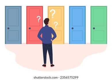 Choosing right door. Life way selection opportunity, lost man with question select route in multiple option of career goal, student future choice, find decision vector illustration of choose way