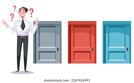 Choosing right doors life choice people concept. Person standing front of many doors. Vector flat graphic design element concept illustration