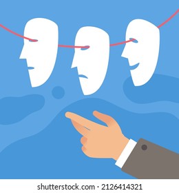 Choosing the right emotion. Behavior on business meeting, happy and sad masks, hand make decision, communication and conversation in company, emotional control, vector concept