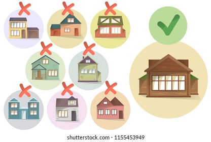 Choosing right house for living, compare different houses and property, making a choice, select and tick home, vector