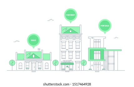 Choosing right house for living, compare different kind of houses and property, making a choice. Buildings with banners - for sale, for rent and sold. Flat line vector illustration on white.