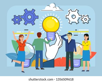 Choosing the right idea, successful startup concept. People stand near big hand holding idea bulb. Poster for web page, banner, social media, presentation. Flat design vector illustration