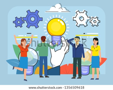 Choosing the right idea, successful startup concept. People stand near big hand holding idea bulb. Poster for web page, banner, social media, presentation. Flat design vector illustration