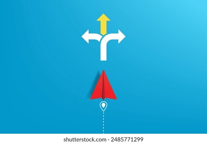 Choosing a right path to move forward. Business decision making and the way to success. Paper plane with arrows pointing three different directions. 