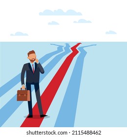 Elegir el camino correcto. Un empresario honesto, diferentes caminos de flechas. Tomar decisiones sobre la estrategia comercial o el futuro de la empresa. Comienzo de la carrera. Concepto aislado de dibujos animados