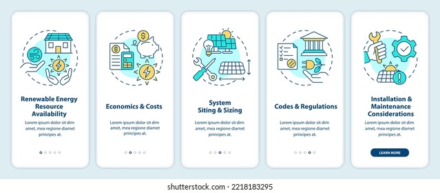 Choosing right renewable energy system onboarding mobile app screen. Walkthrough 5 steps editable graphic instructions with linear concepts. UI, UX, GUI template. Myriad Pro-Bold, Regular fonts used