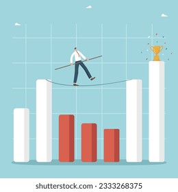 Choosing right strategy for increasing income and profits during economic crisis, analyzing and predicting changes in business, recovering a business after a recession, man walks a tightrope on graph.