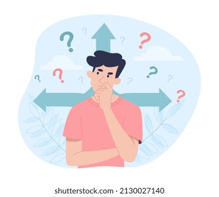 Choosing right way. Young guy makes decisions, searching for best option. Thinking and pensive character. Person at crossroads, brainstorming and mental dead end. Cartoon flat vector illustration