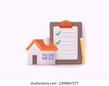 Choosing and searching for a house. House and clipboard. Mortgage, home checklist icon concept isolated on white background. 3D Web Vector Illustrations.