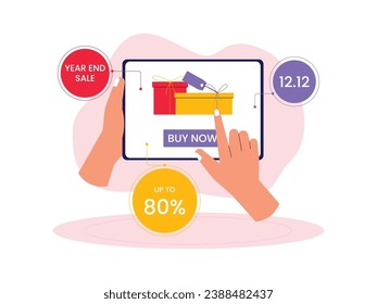 Choosing to shop at an online store, lots of attractive bonuses and promotions, discounts at the end of the year, vector illustration.
