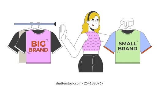 Choosing small brand clothes 2D illustration concept. Slow fashion. Affordable sustainable clothing. Conscious customer cartoon character isolated on white. Metaphor abstract flat vector graphic