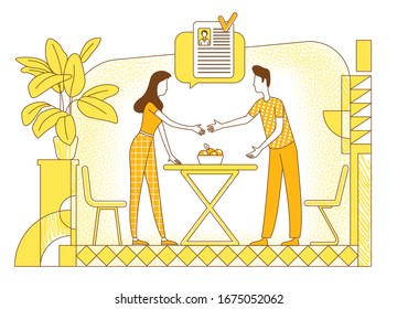 Choosing suitable applicant flat silhouette vector illustration. Employer and candidate outline characters on yellow background. HR management, job interview, headhunting simple style drawing