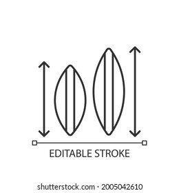 Choosing surfboard size linear icon. Depending on surfer weight, abilities. Shortboard, longboard. Thin line customizable illustration. Contour symbol. Vector isolated outline drawing. Editable stroke