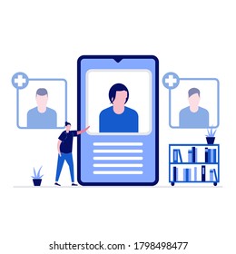 Choosing teacher online concept with characters. Student selecting teacher profile on smartphone screen. Modern vector illustration in flat style for landing page, web banner, hero images.