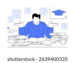 Choosing thesis topic isolated cartoon vector illustrations. PhD candidate chooses topic for thesis, higher education, doctor degree, many books around, doubtful face expression vector cartoon.