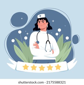 Elegir al médico mejor calificado. Perfil de la mujer con cinco estrellas, especialista talentosa. Opinión y comentarios de los usuarios, marketing contemporáneo. Clasificación y clasificación en línea. Dibujo vectorial plano de dibujos animados