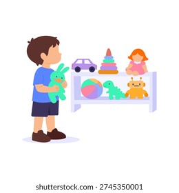 Choosing A Toy, Selecting best toy from store shelf, Flat vector character illustration
