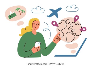 Elegir el destino de viaje, Ilustración vectorial en estilo de dibujos animados planos. Mujer que utiliza el ordenador portátil y el teléfono inteligente para elegir y reservar los lugares de vacaciones. Ideal para agencias de turismo. App de viajes y planificación de viajes