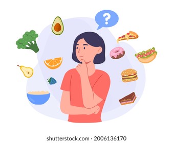 Choosing the type of food concept. A woman chooses between healthy and harmful food. Delicious fast food or healthy vegetables. Cartoon is a flat vector illustration isolated on a white background