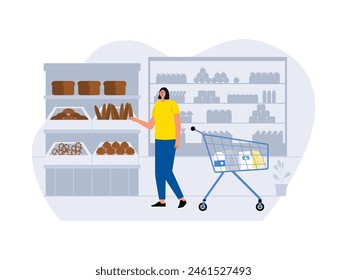 Choosing various kinds of bread in the supermarket, vector illustration.