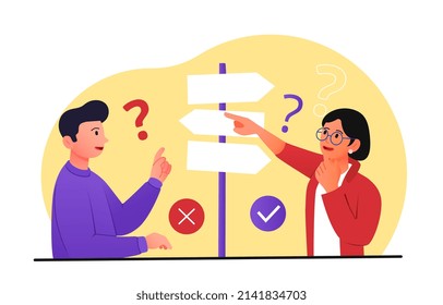 Choosing way concept. Man and woman on road near signs. Travelers make up itinerary, route. Metaphor of right and wrong life path, difficult career decision. Cartoon flat vector illustration