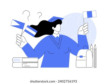 Choosing where to study isolated cartoon vector illustrations. Young smiling girl holding different flags in her hands, choosing where to study abroad, educational process vector cartoon.