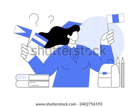 Choosing where to study isolated cartoon vector illustrations. Young smiling girl holding different flags in her hands, choosing where to study abroad, educational process vector cartoon.