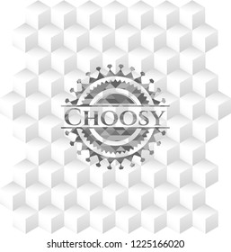 Choosy grey emblem with geometric cube white background