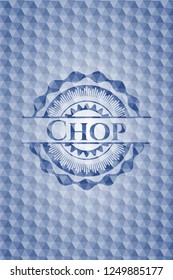 Chop blue emblem with geometric background.
