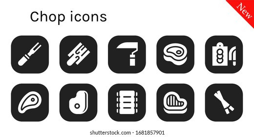 chop icon set. 10 filled chop icons.  Simple modern icons such as: Meat, Cutting board, Scythe, Ribs, Steak, Chopsticks
