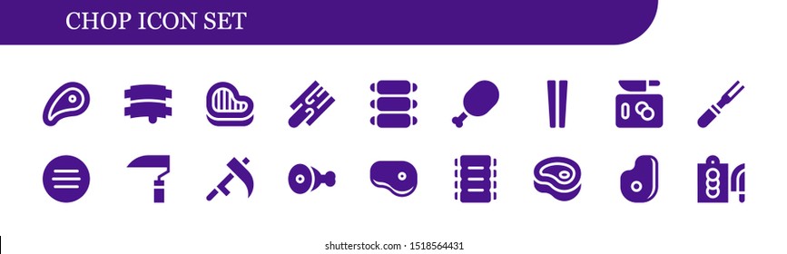 chop icon set. 18 filled chop icons.  Simple modern icons about  - Meat, Ribs, Steak, Cutting board, Chopsticks, Chop, Scythe